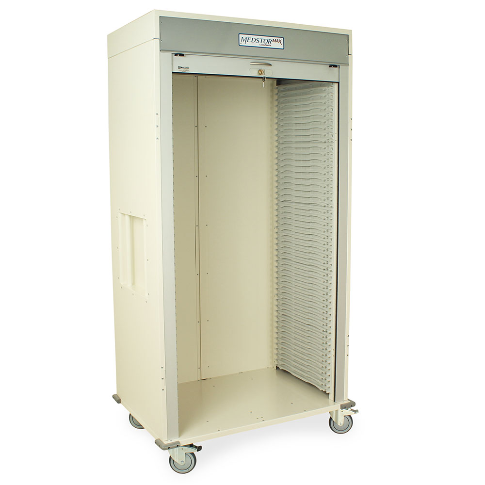Rear view of double wide medical supply cabinet with corner bumpers and casters