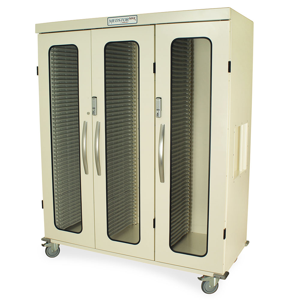 Medical equipment storage cabinet with cream finish and modular interior