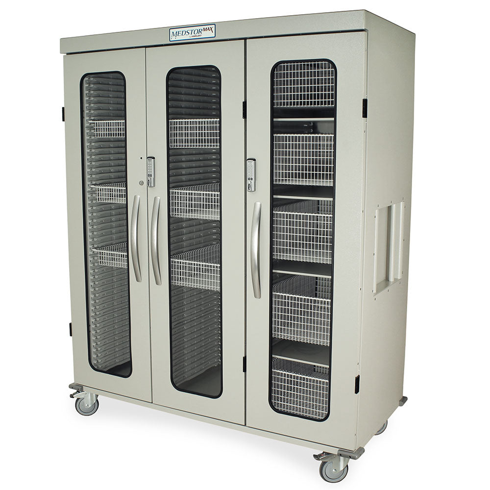 Triple column medical storage cabinet with glass doors and gray finish