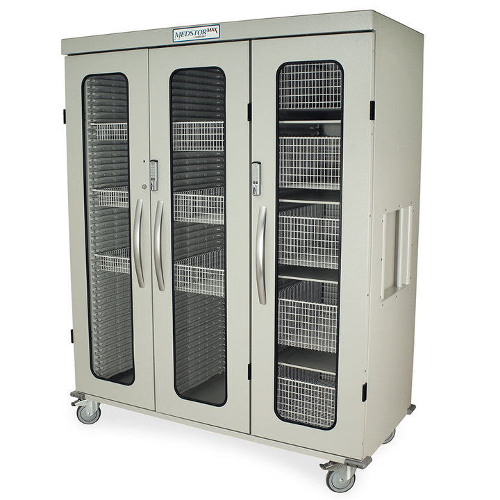Triple column medical storage cabinet with glass doors and gray finish