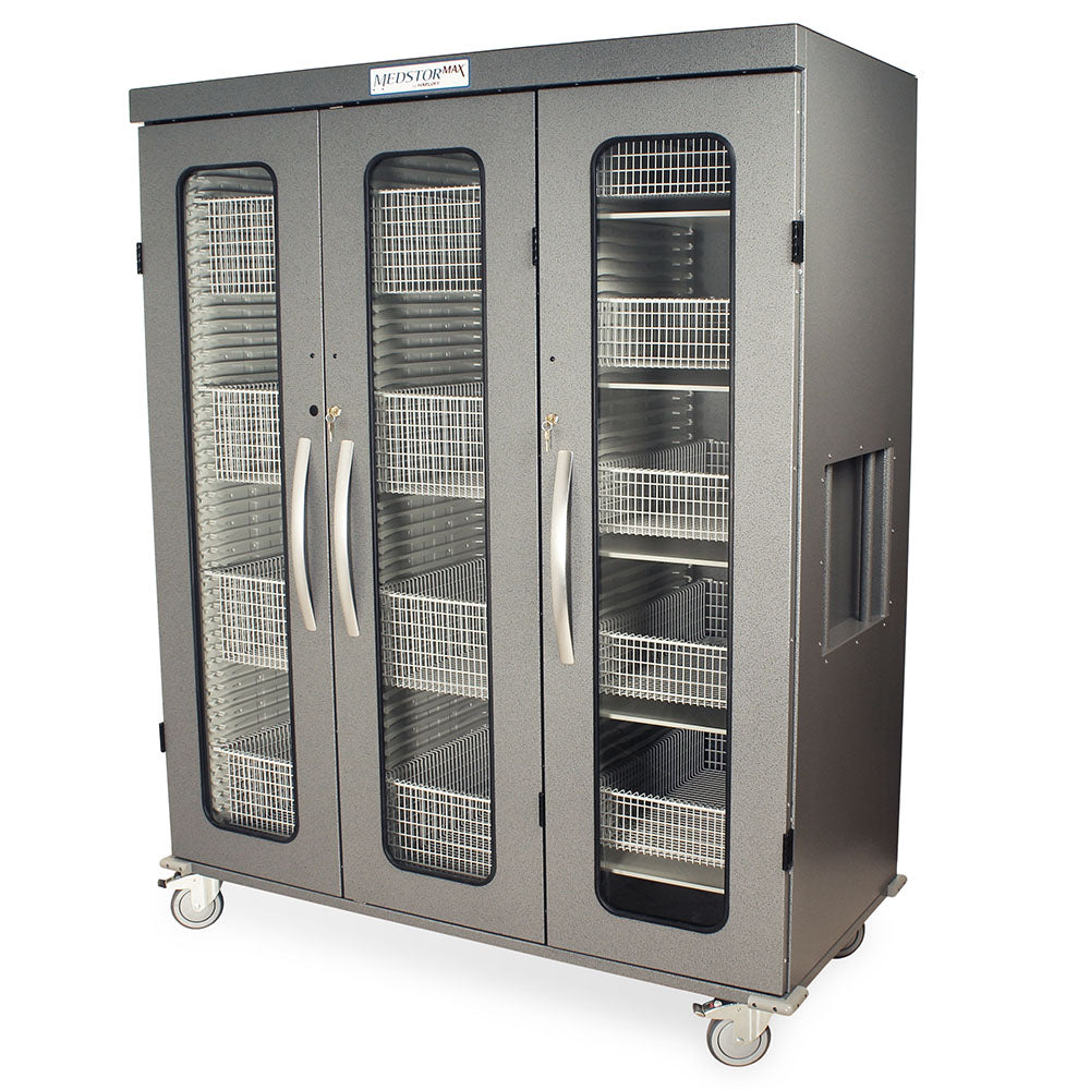 Gray triple column urology storage cart with tempered glass doors