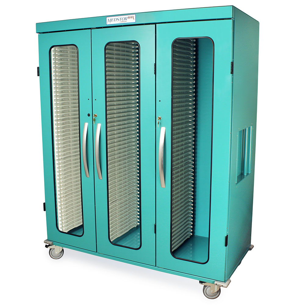 Teal triple column medical cabinet with tempered glass doors – angled view