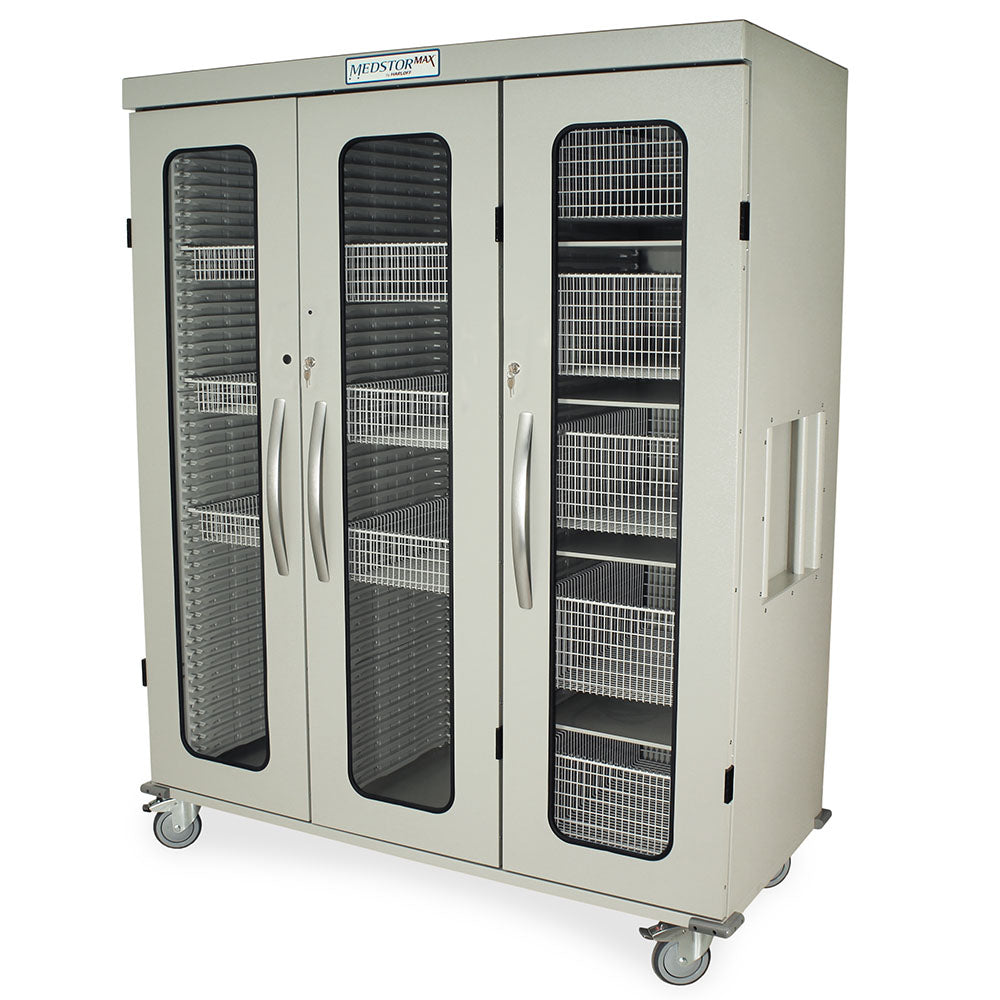 Triple column medical storage cabinet with glass doors – front closed view