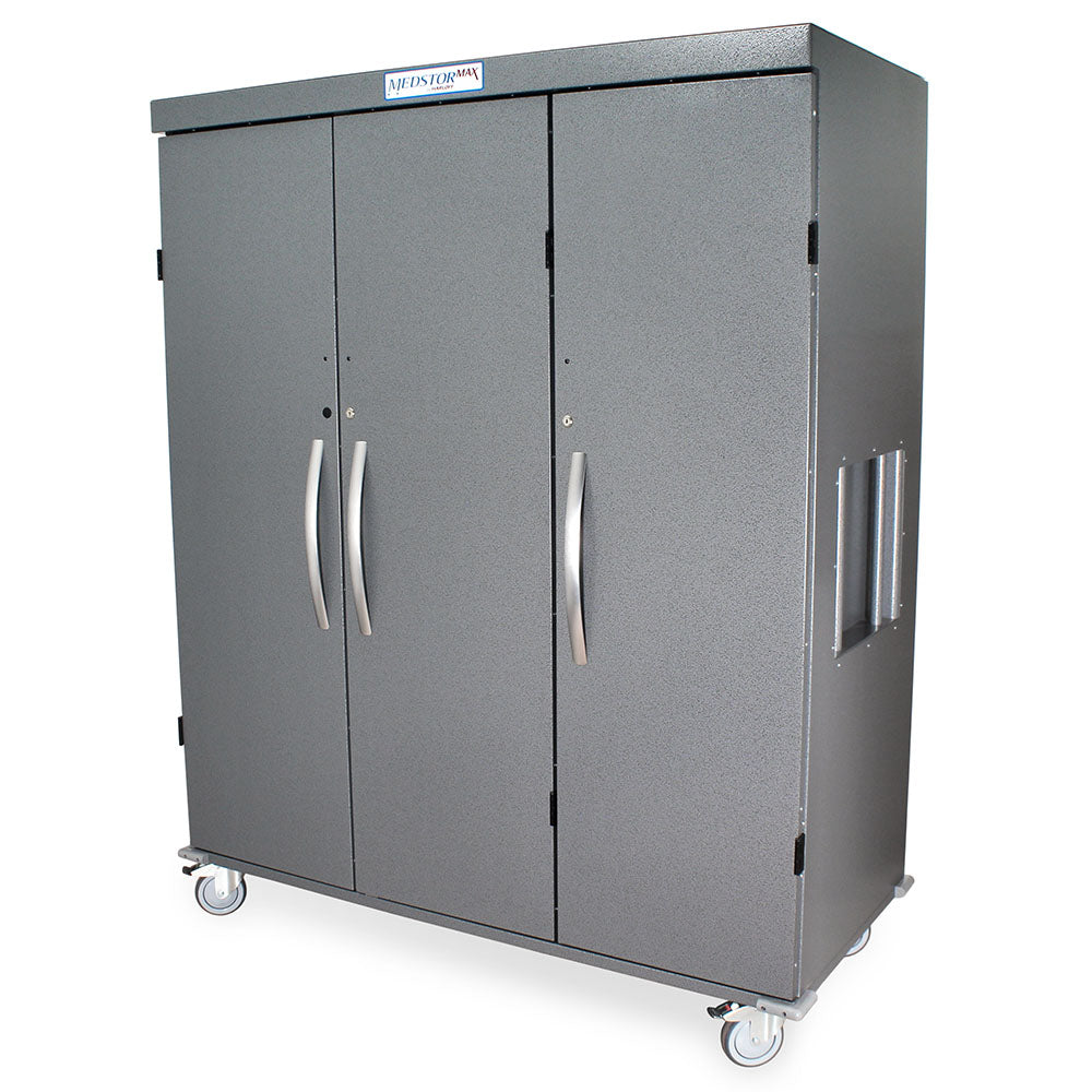 Triple Column Solid Door Medical Storage Cabinet with gray finish and locking key handle