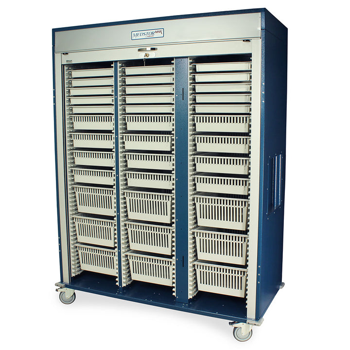 Triple column medical storage cabinet with tambour door open view
