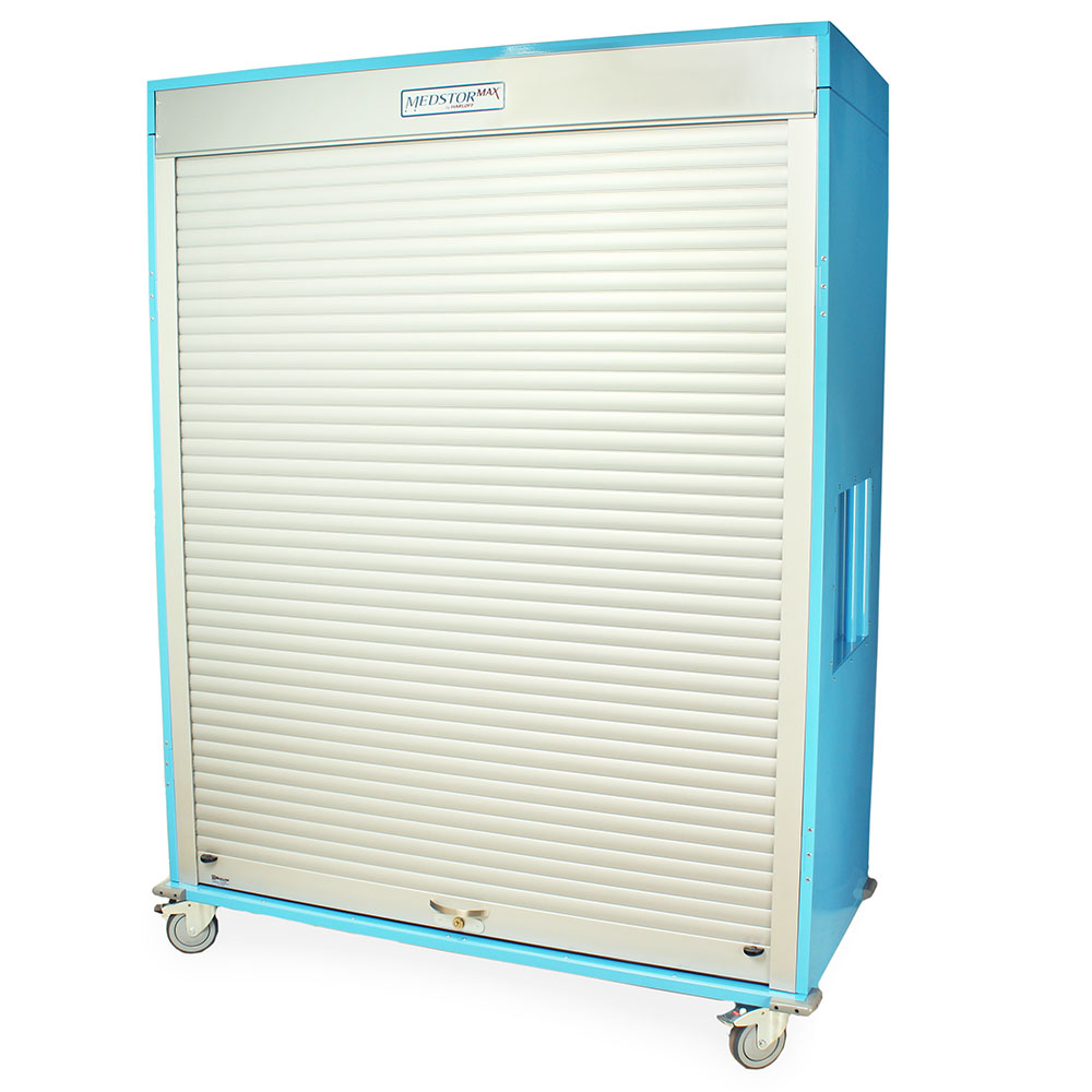Triple column light blue medical cabinet closed front view