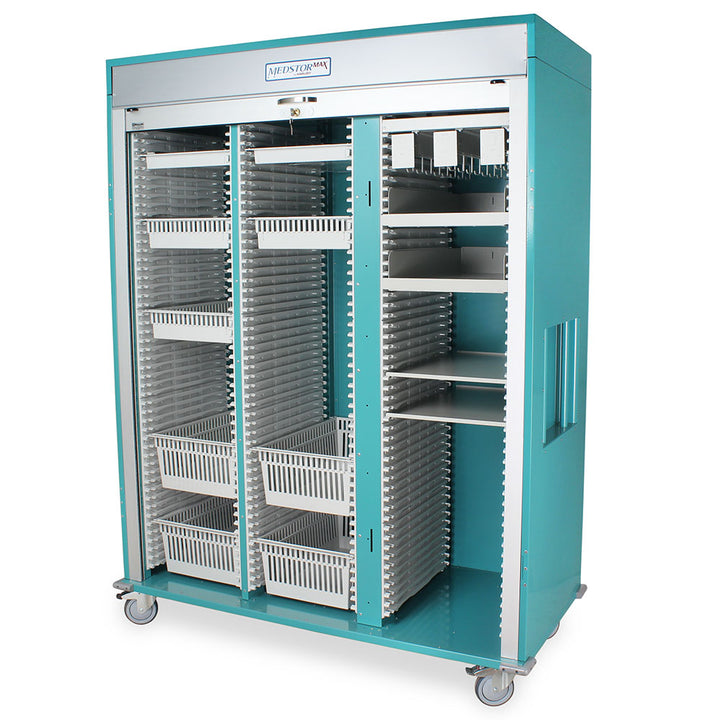 Triple column teal medical cabinet with tambour door closed