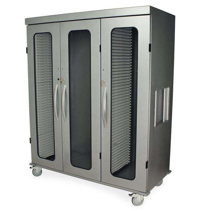 Triple column medical cabinet left-wide column glass doors front closed