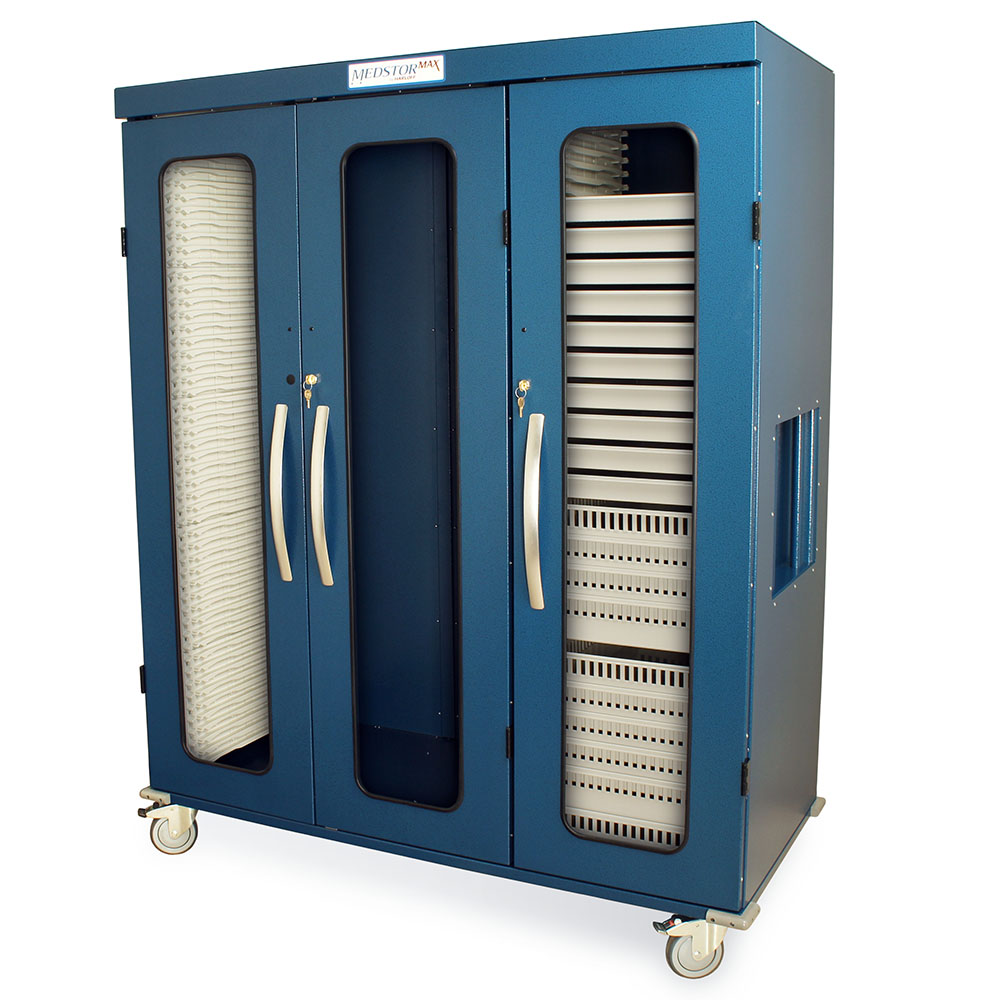 Navy triple column medical cabinet left-wide glass doors angled view