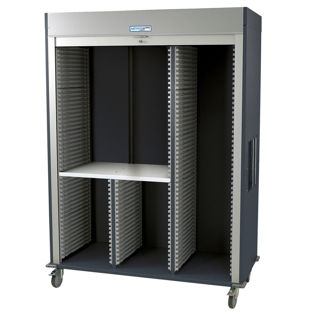 Triple column medical storage cabinet with split-B left column and tambour door