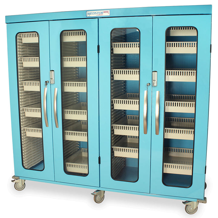 Quad column mobile medical storage cabinet in light blue finish with glass doors front view  