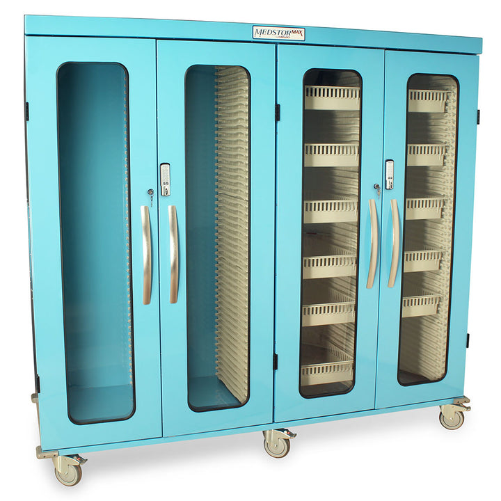 Quad column mobile medical storage cabinet in light blue finish with glass doors right side view  