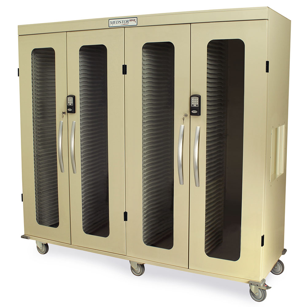 Quad column medical storage cabinet with glass doors and electronic keypad lock