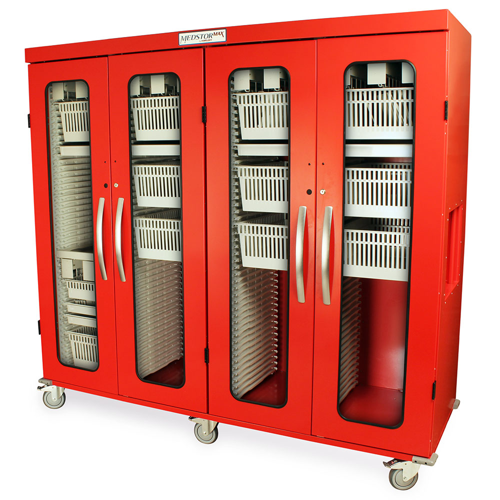 Red quad column medical storage cabinet with glass doors and caster wheels