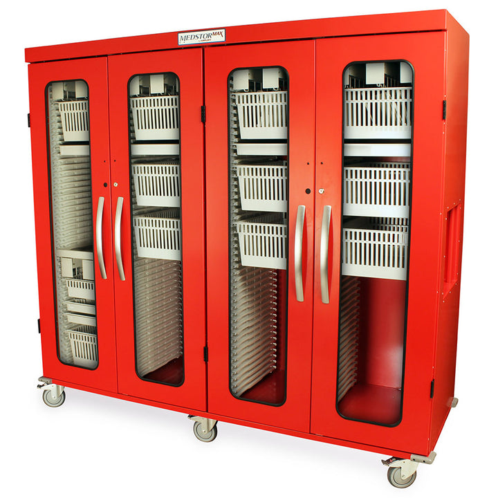 Red quad column medical storage cabinet with glass doors and caster wheels