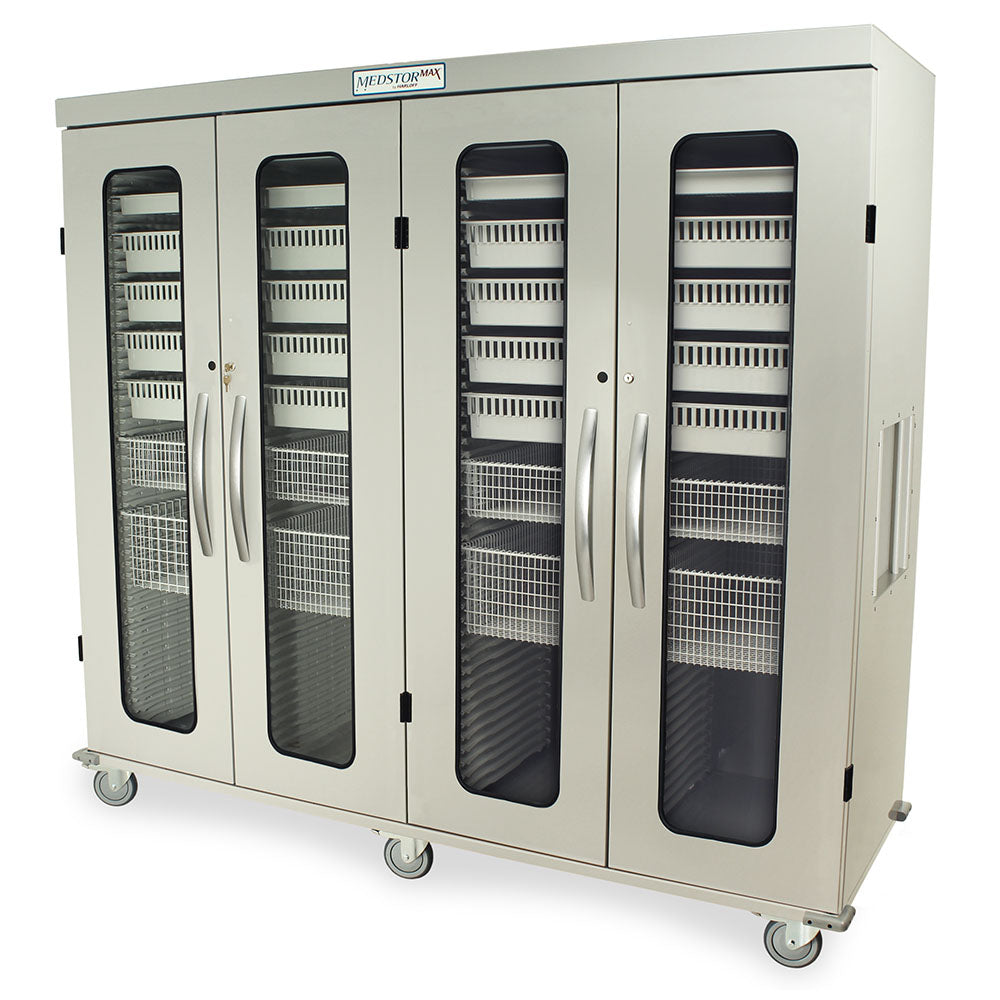 Quad column medical storage cabinet with glass doors and key lock