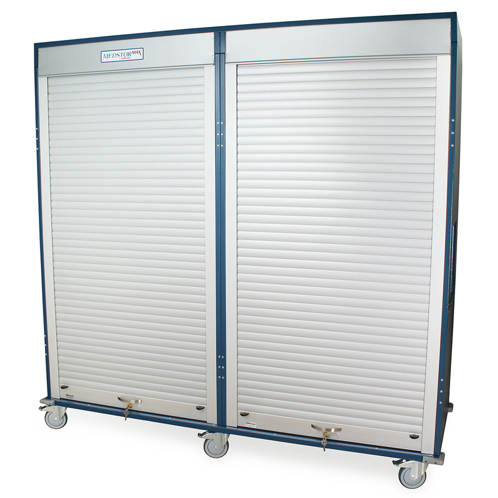 Quad column medical storage cabinet in blue with tambour doors closed, front center view  