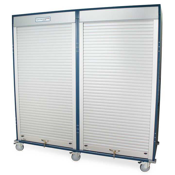 Quad column medical storage cabinet in blue with tambour doors closed, front center view  