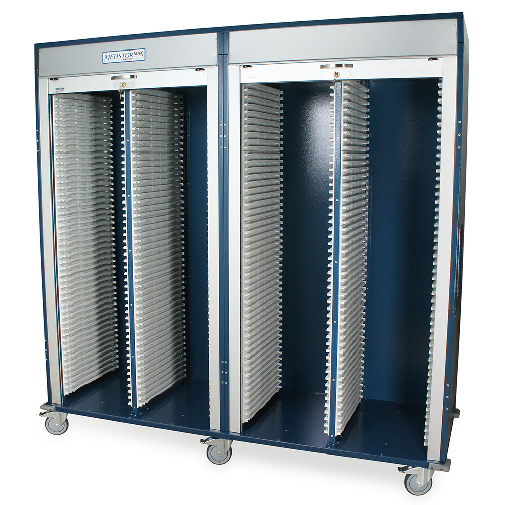 Quad column medical storage cabinet in blue with tambour doors open, front left view  