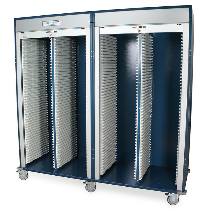 Quad column medical storage cabinet in blue with tambour doors open, front left view  