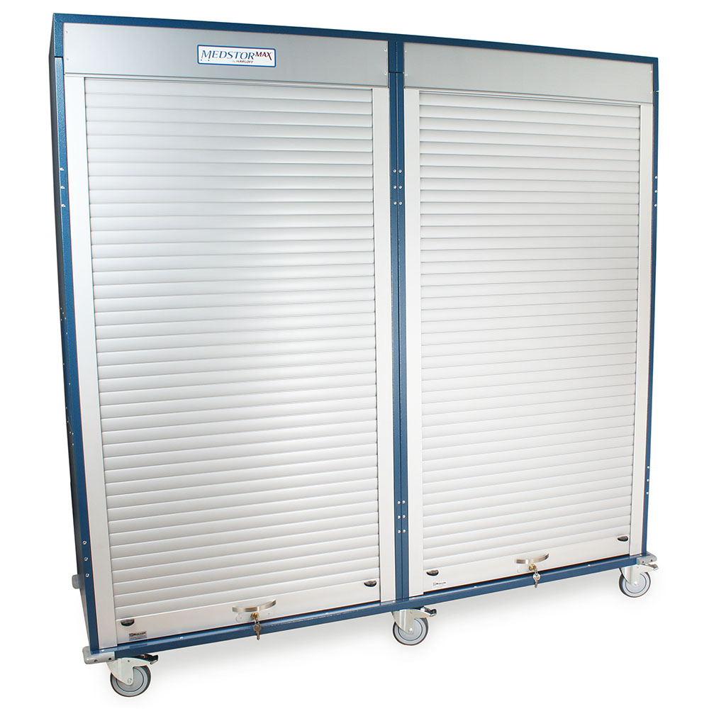 Quad column medical storage cabinet in blue with tambour door closed, right rear view  