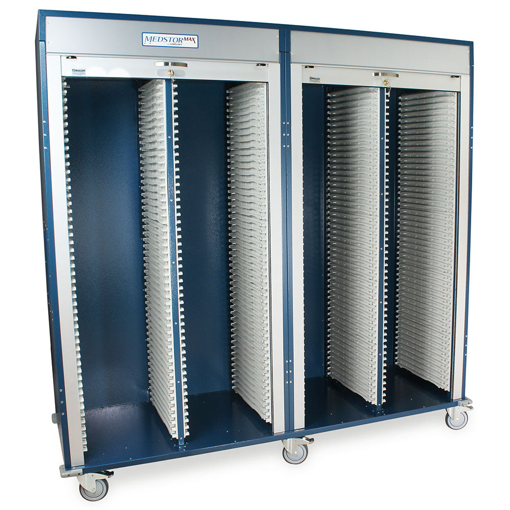 Quad column medical storage cabinet in blue with tambour door open, right side view  