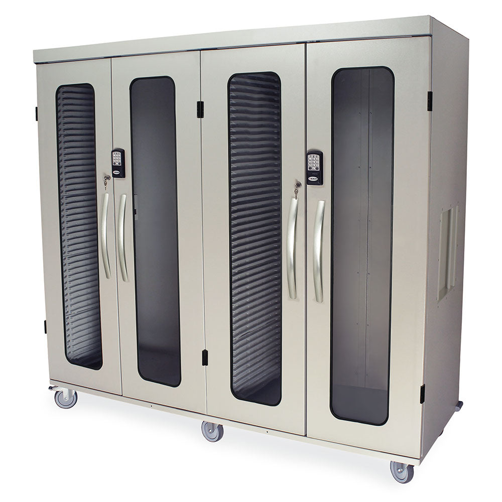 Quad column medical storage cabinet with double wide glass doors and electronic keypad lock