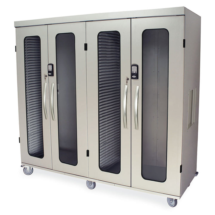 Quad column medical storage cabinet with double wide glass doors and electronic keypad lock