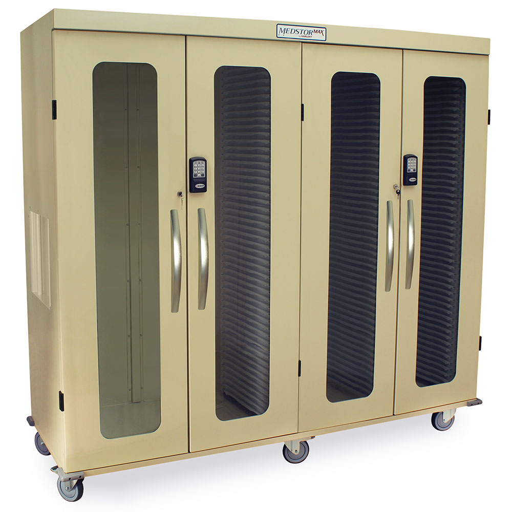 Quad column medical storage cabinet with glass doors and beige finish