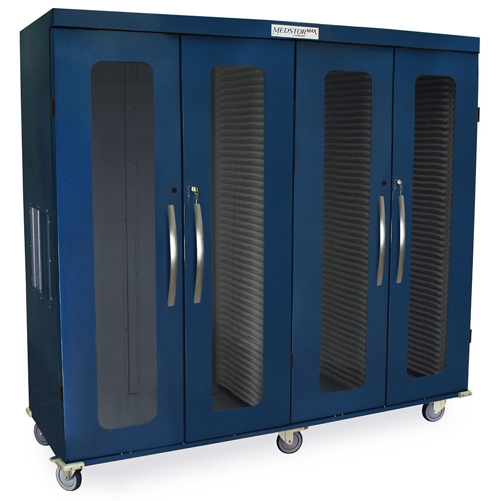 Quad column medical storage cabinet with glass doors and blue finish