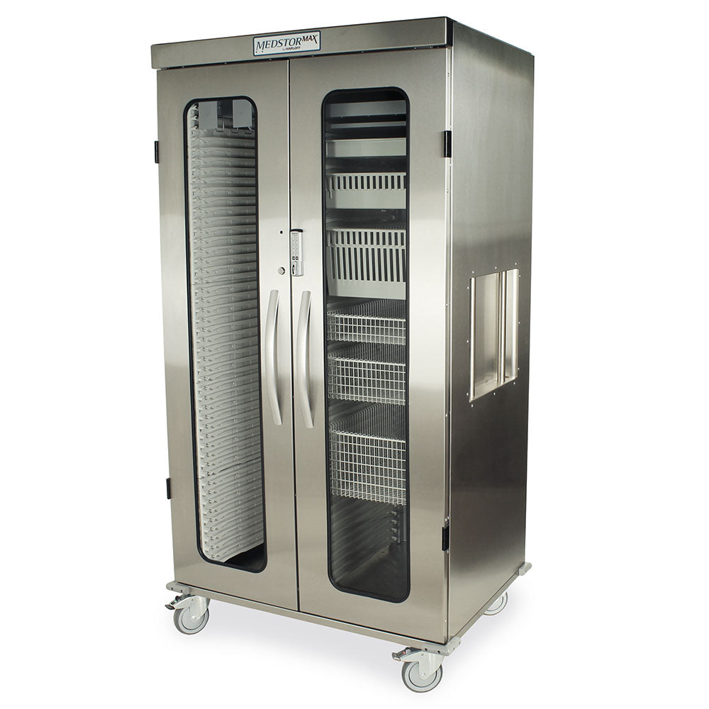 Open view of stainless catheter storage cabinet with modular tray baskets