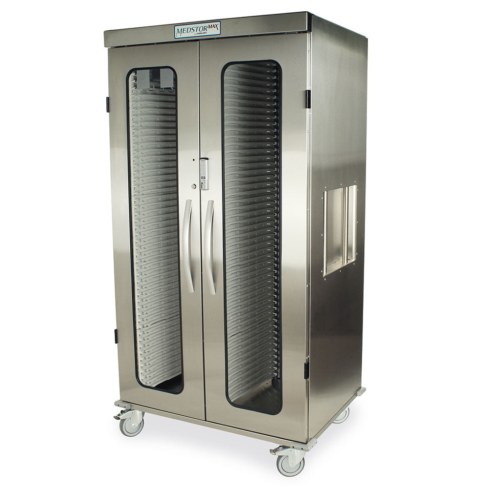 Stainless steel catheter storage cabinet with glass doors and E-Lock – front view
