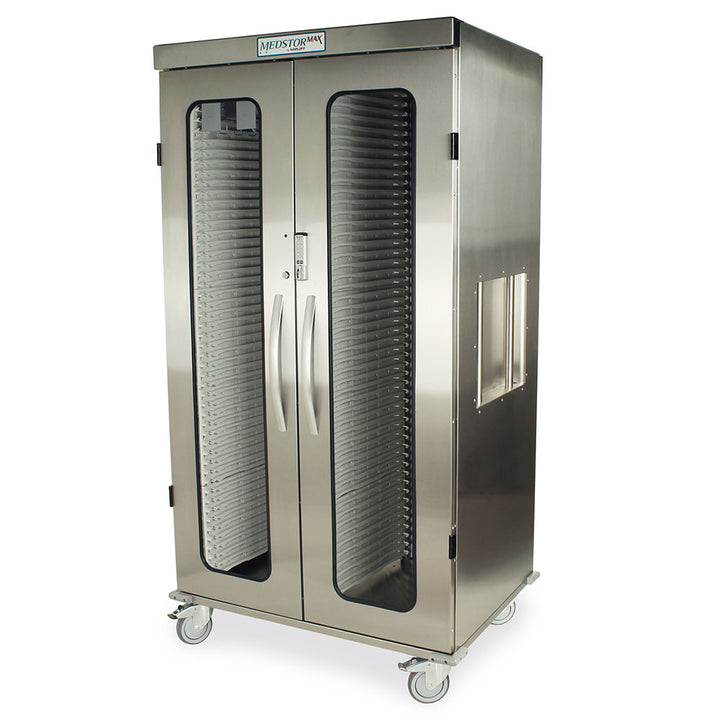 Stainless steel catheter storage cabinet with glass doors and E-Lock – front view