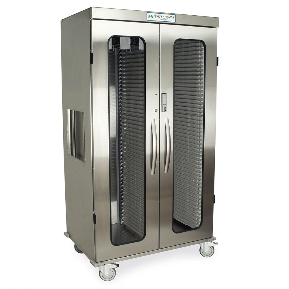 Double column catheter storage cabinet with tempered glass doors – right angle view