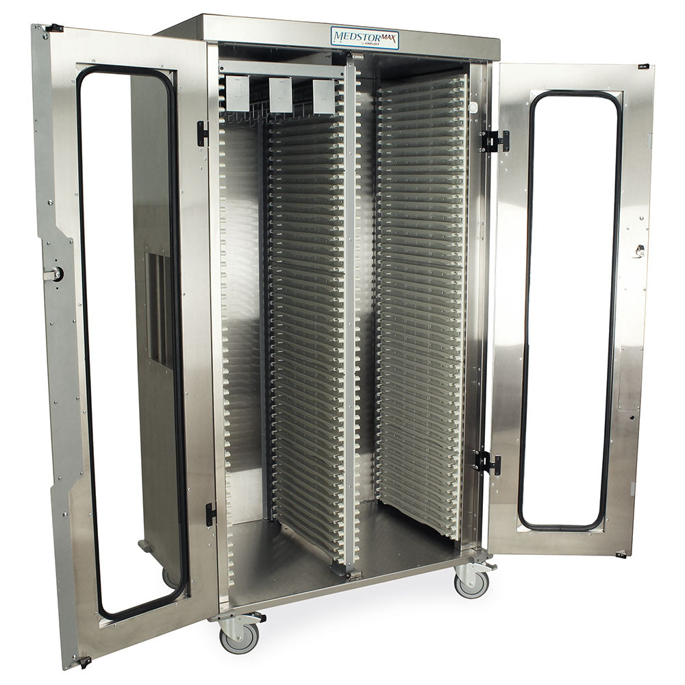 Inside view of catheter storage cabinet showing trays and door hinges – right side