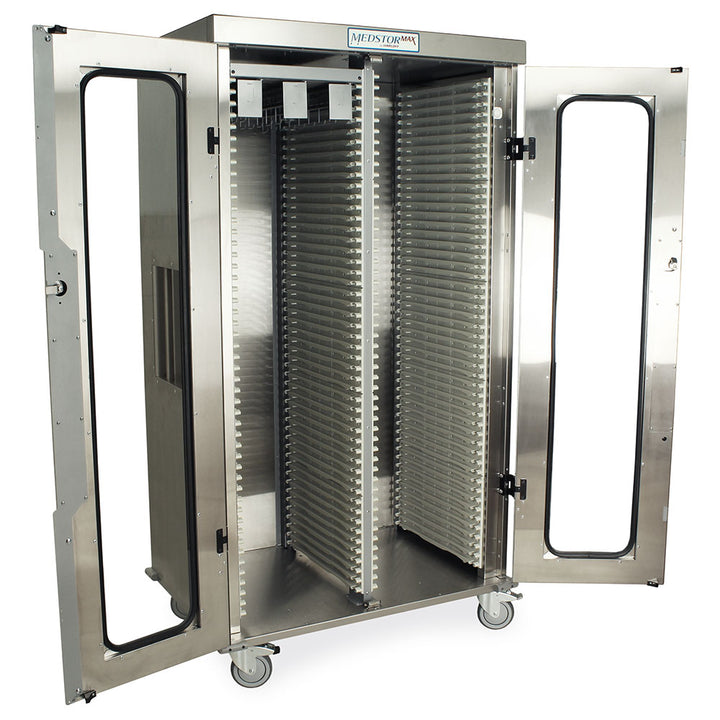 Inside view of catheter storage cabinet showing trays and door hinges – right side
