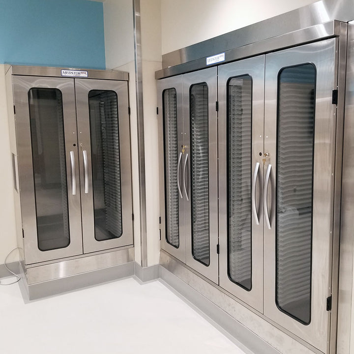 Stainless steel medical cabinet in use in a surgical or lab environment