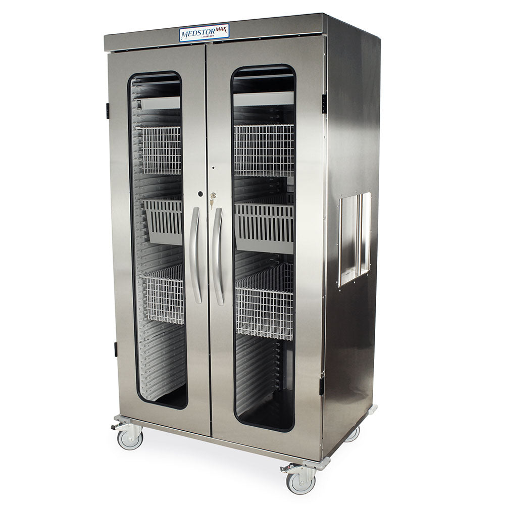 Stainless steel medical storage cabinet with glass doors – front left view