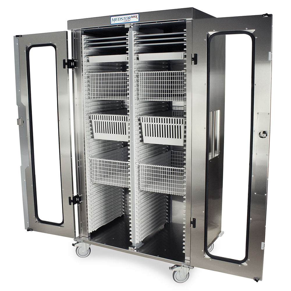 Open stainless medical cabinet showing modular tray system inside