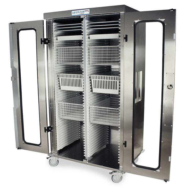 Open stainless medical cabinet showing modular tray system inside