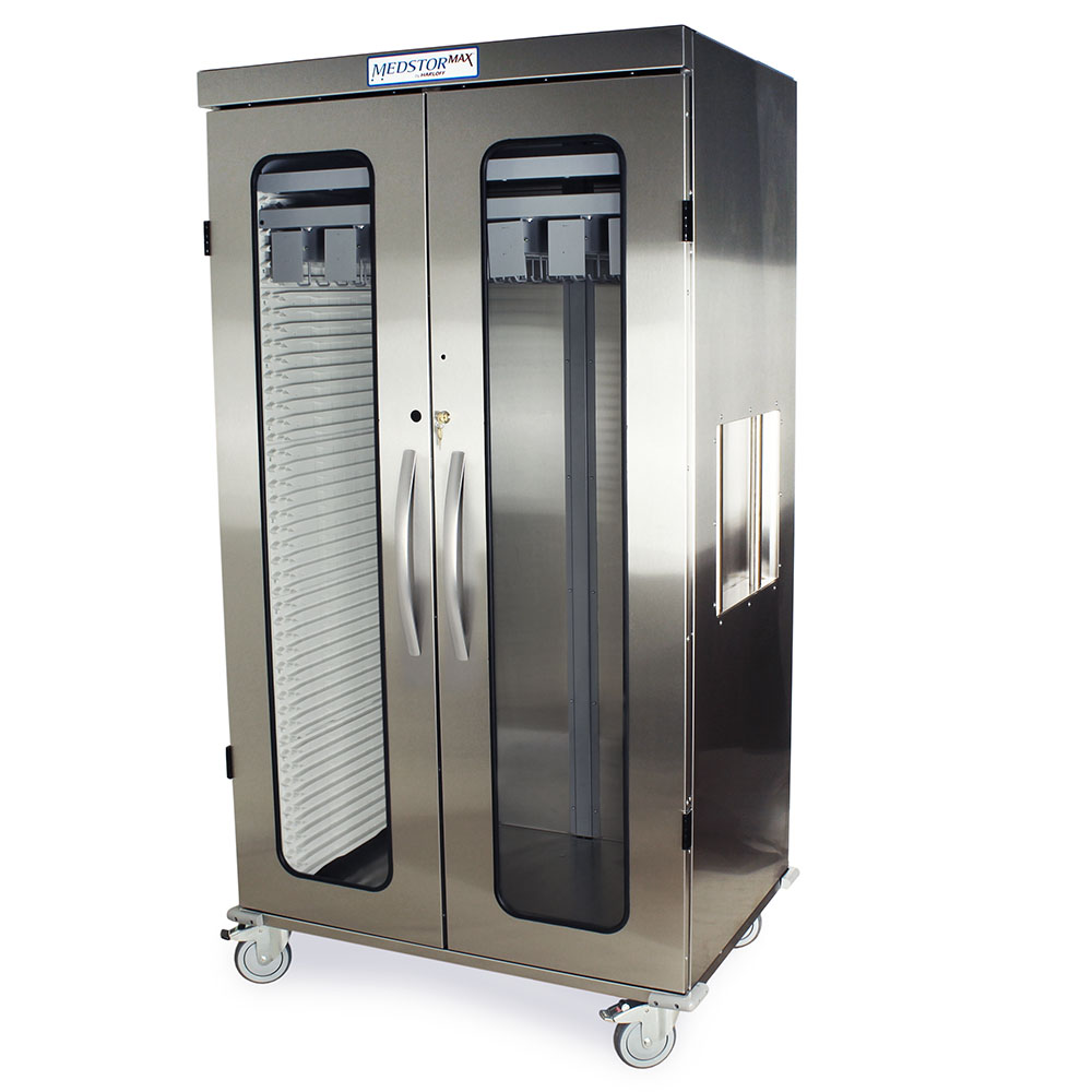 Double wide stainless catheter cabinet with glass doors – left closed view