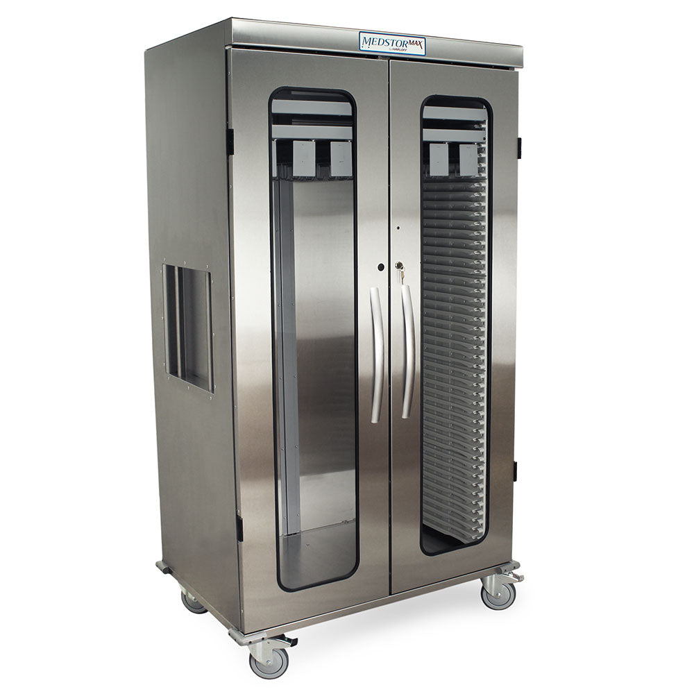 Right-side view of stainless medical catheter cabinet with glass doors