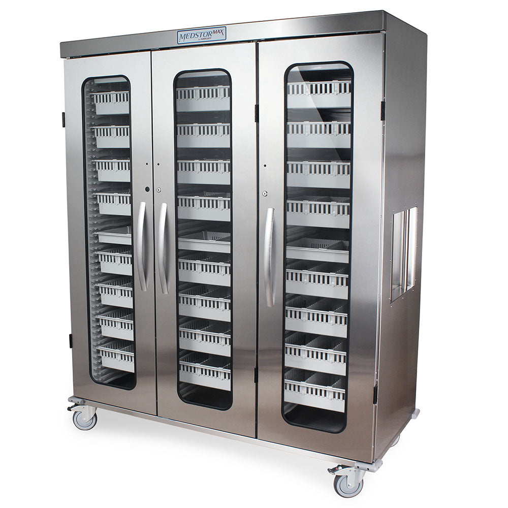 Triple column locked medical supply cabinet – stainless steel, glass doors, front left view