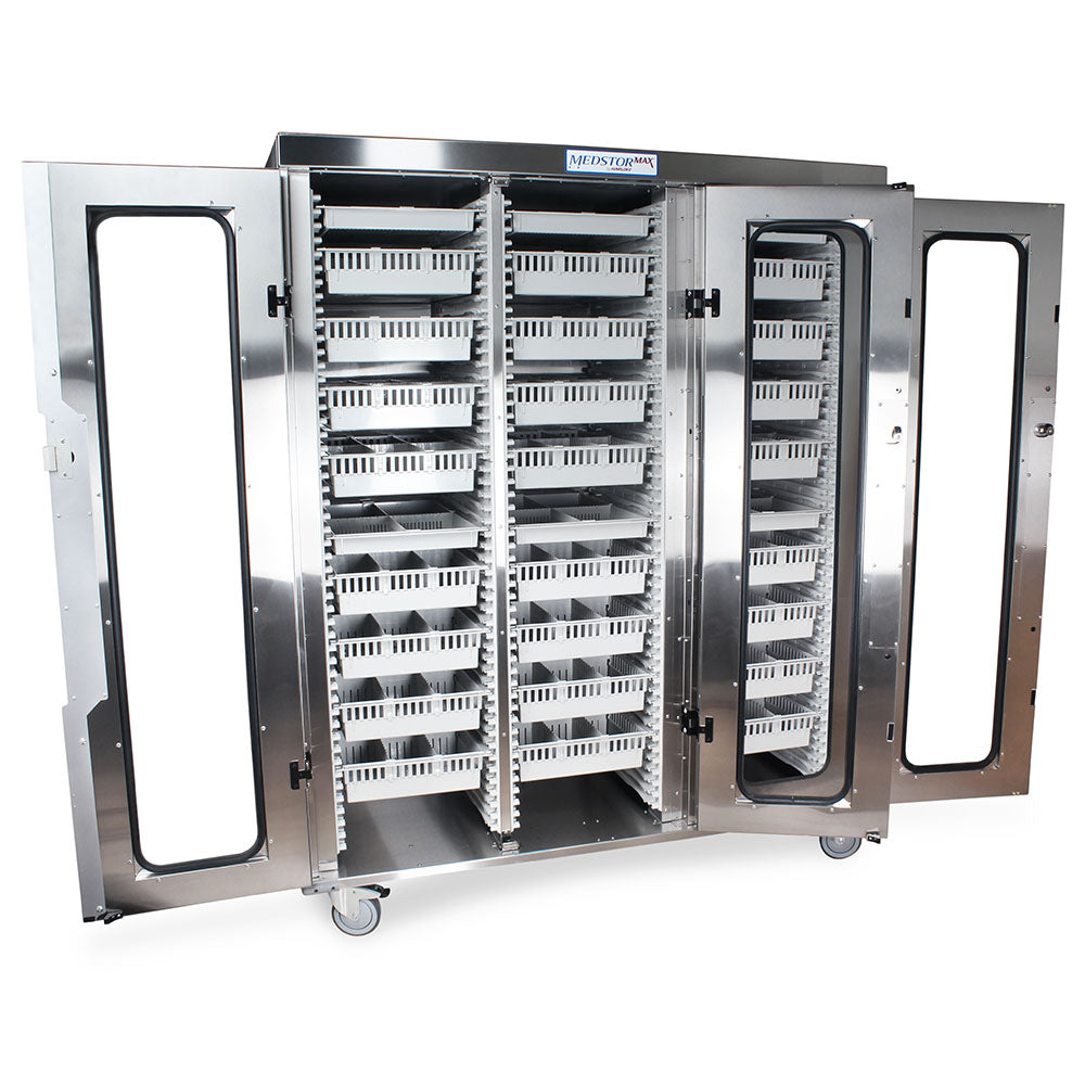 Open view of stainless triple column locked medical supply cabinet with modular tray system