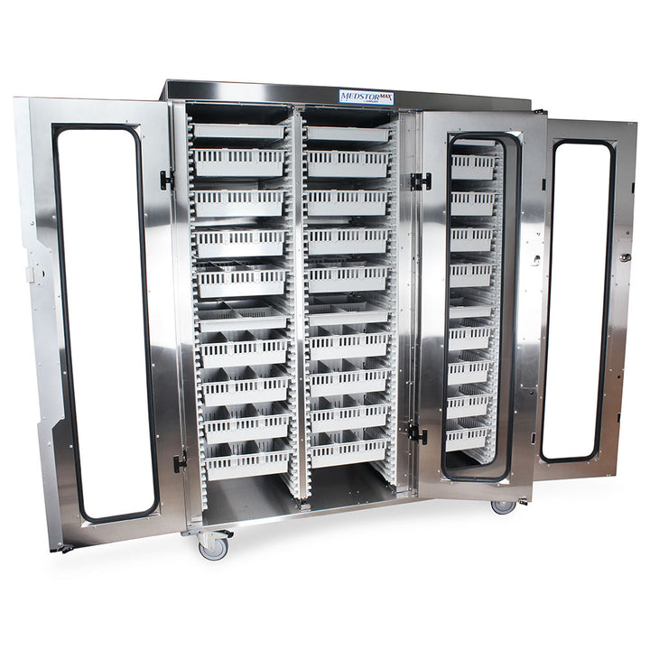 Open view of stainless triple column locked medical supply cabinet with modular tray system