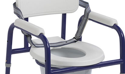 Child-sized commode with contoured back and chest strap