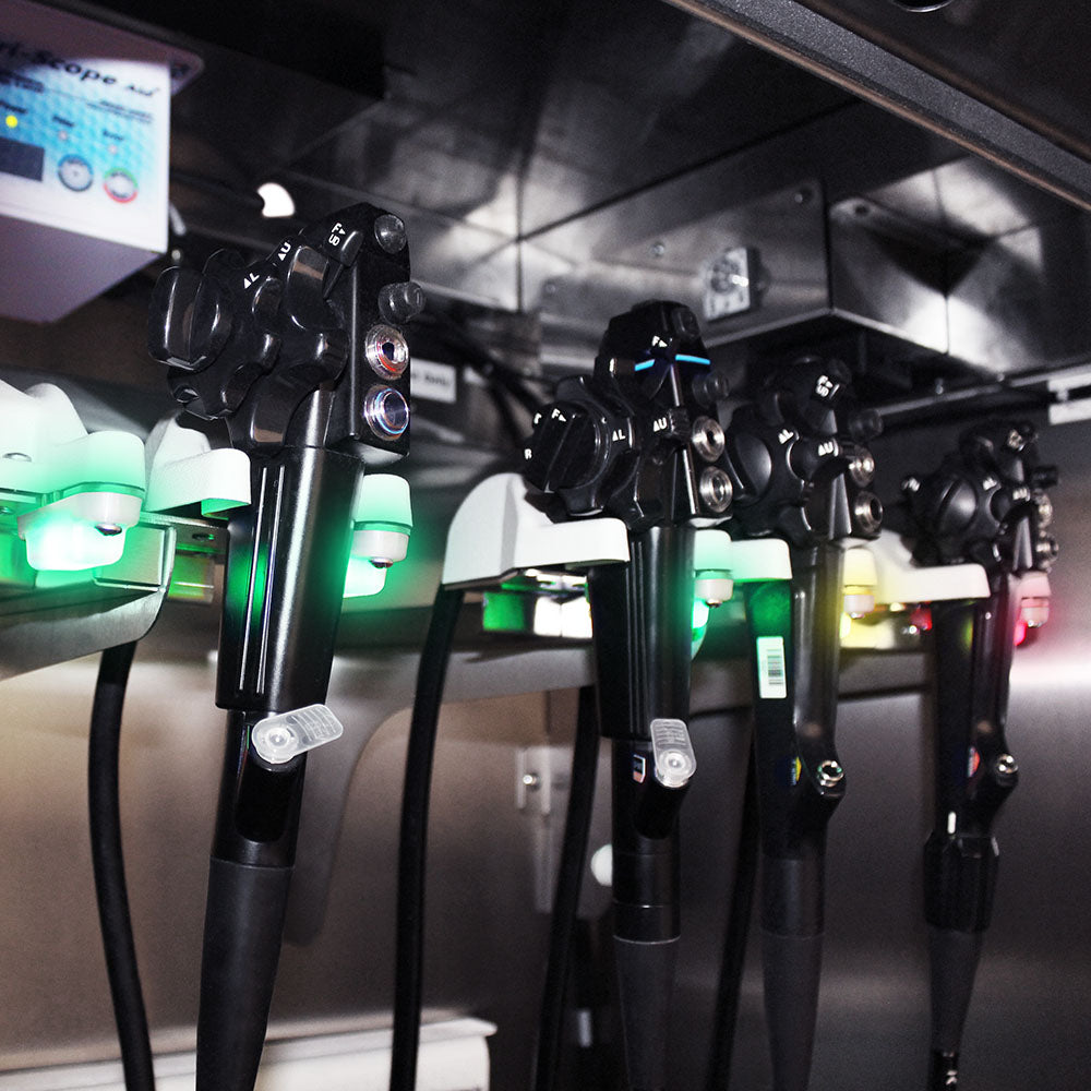 Close?up of scope connectors and LED indicators on SureDry Stainless Cabinet