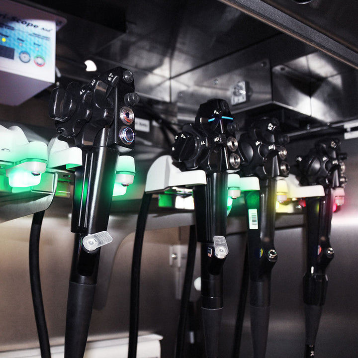 Close?up of scope connectors and LED indicators on SureDry Stainless Cabinet
