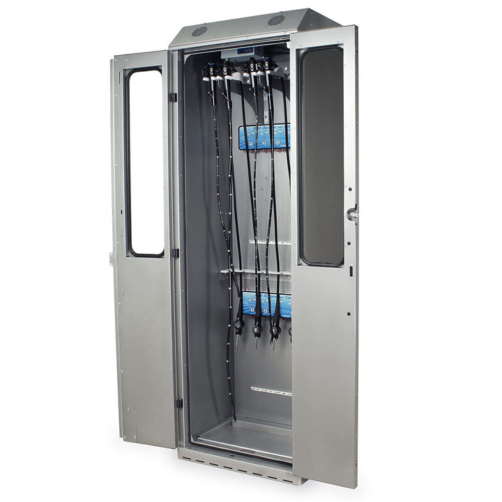Brushed Silver SureDry 10 Scope Cabinet open with mounted endoscopes