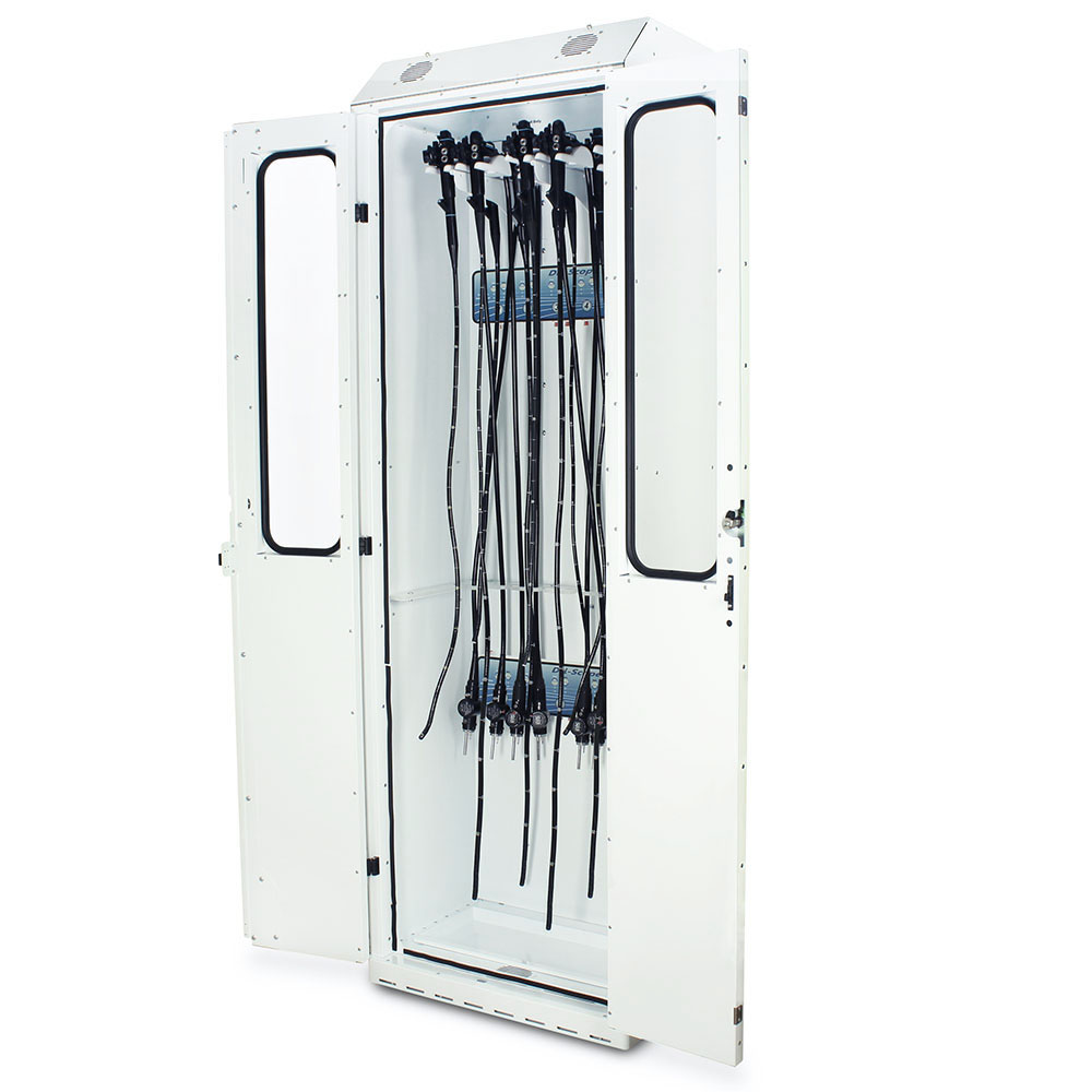 Open SureDry 10 Scope Drying Cabinet with Dri-Scope Aid and mounted scopes